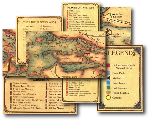 Illustrated map of the 1000 Islands region showing Wellesley Island, St. Lawrence River, local attractions, museums, parks, marinas, and key tourist destinations.